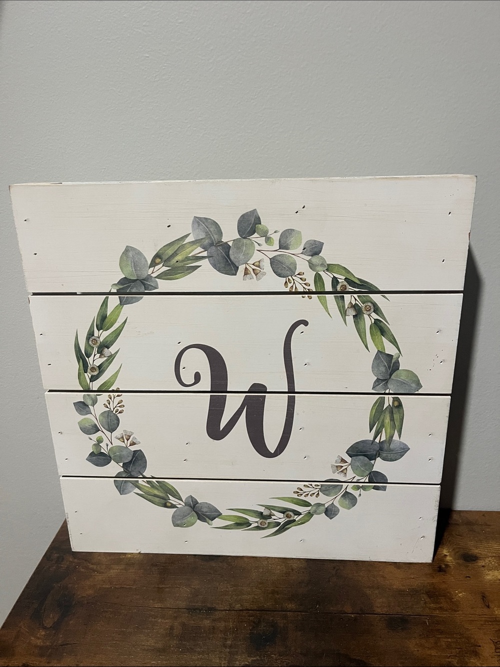 Hobby Lobby White Wooden Monogram W Sign with Green Eucalyptus Wreath